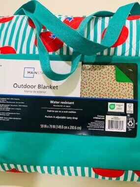 NEW Mainstays Outdoor Blanket 59x79 Green Stripe Waterproof Picnic Camping Tote